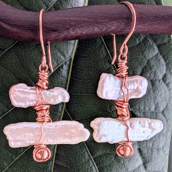 Biwa Pearl Earrings Artisan Copper Wrap Lightweight Coastal Style - Picture 7 of 14